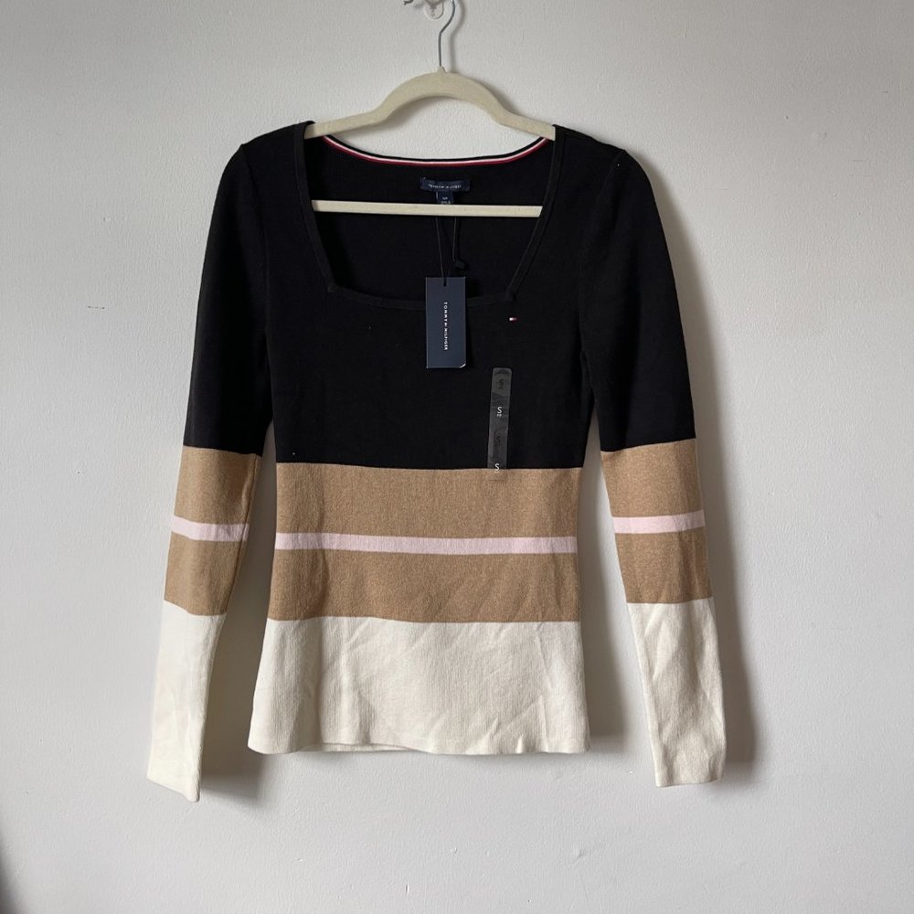 NWT Tommy Hilfiger Essential Stripe Square Neck Sweater In Black Size S - Picture 2 of 6